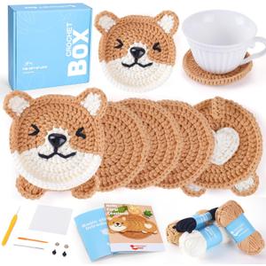 CrochetBox Crochet Kit for Beginners Adults - Corgi Coasters Starters Crochet Kit, Beginners Crocheting Kitting for Adults Teen, Craft Gifts with Crochets Yarns, Hook, Step-by-Step Video, Instruction