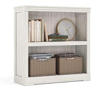LINSY HOME 2-Tier Bookcase and Bookshelf, Small Wood Display Storage Shelves Farmhouse Bookshelf for Home Office, Living Room, Bed Room - White Oak