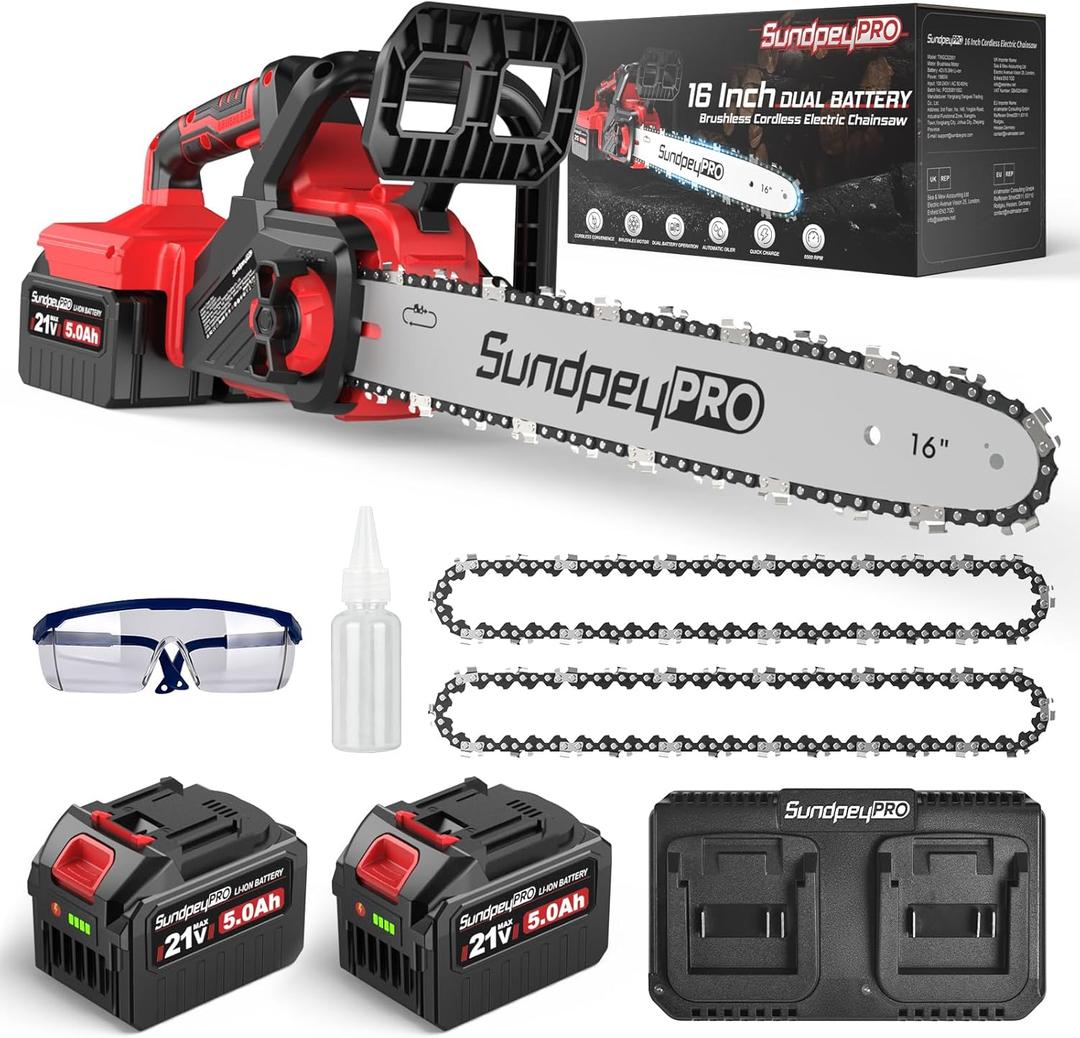 16" Cordless Electric Chainsaw - 42V Brushless Dual Battery Powered Power Chain Saw With 2 x 5.0Ah Battery & Charger & Tool-Free Tensioner & Instant-Stop Chain Brake for Tree & Wood Cutting