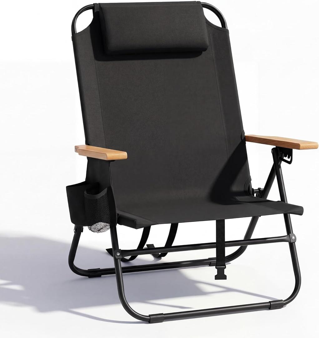 Cansky Portable Beach Chair for Adults, Outdoor Lightweight Camping Chair with Wooden Desgin Armrests, 5-Position Reclining Flat Lay, Cup Holder, Zipper Pouch, Backpack Design, No Towel Rack, Black