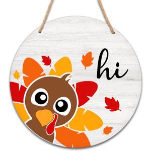 Thanksgiving Wooden Sign for Front Door Decor, Thanksgiving Gifts for Women Men, Fall Door Decorations Wall Art, 8" Round Plaque Hanging Door Sign for Home Party Supplies - A07