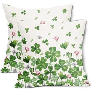 St Patricks Day Pillow Covers 18x18 Inch Set of 2 Irish Shamrock Clover Green Pink Floral Cotton Linen Decorative Throw Pillow Case Saint Patricks Day Cushion Covers for Bedroom Sofa Living Room Decor