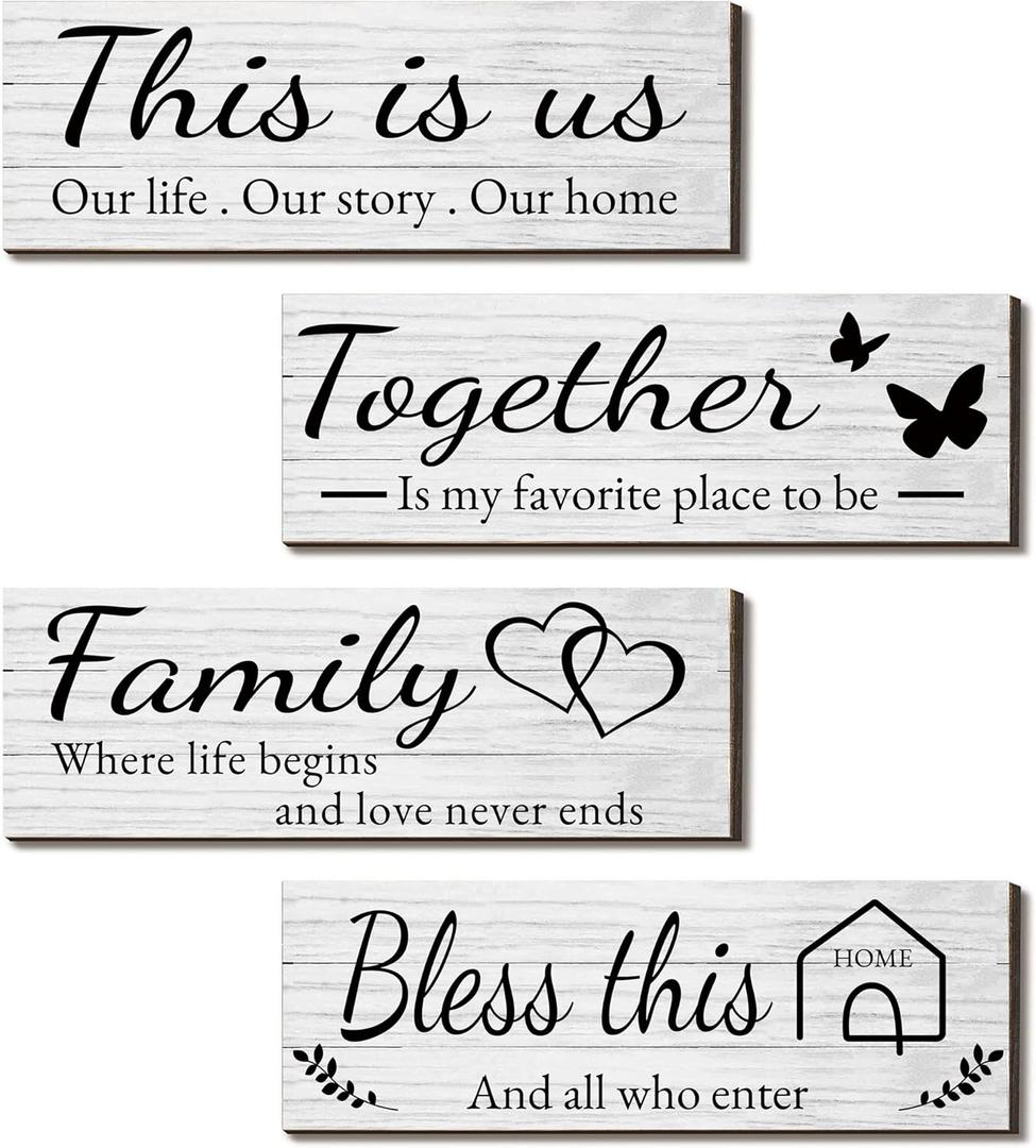 4 Pieces Wooden Home Wall Art Decor, Rustic, Farmhouse THIS IS US/TOGETHER/BLESS THIS HOME/FAMILY Decor Signs For Living Room Bedroom, 4.7 x 13.8 Inch(White)