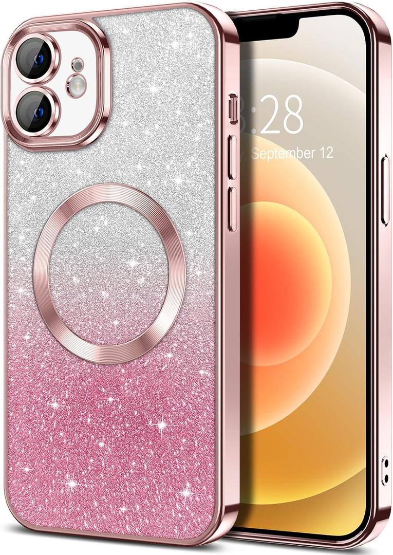 Hython for iPhone 12 Case Clear Magnetic Glitter Phone Cases [Compatible with MagSafe] Full Camera Lens Protector Slim Gradient Sparkle Luxury Plating Shockproof Protective Cover Women Girls, Pink