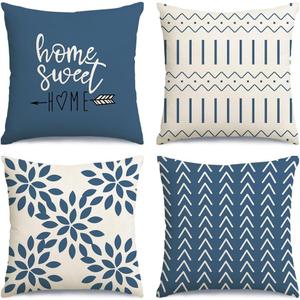 RABUSOFA Blue Throw Pillow Covers 18x18 Set of 4,Decorative Pillows for Couch Bed,Boho Outdoor Home Sweet Home Decor Pillow Cases for Home Linen Fabric Navy