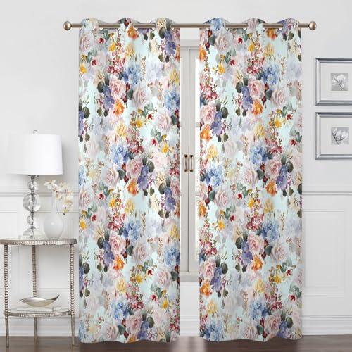 Renaiss Flower Blossom Curtains Watercolor Floral Painting Thermal Insulated Window Curtains for Living Room Bedroom Blackout Window Drapes Grommet Top 42W x 63L Inch 2 Panel Set