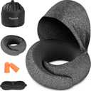 Travel Pillow - Hooded Neck Pillow Airplane Memory Foam Filling for Plane, Office, Cars Sleeping, Road Trip, Long Flights, Portable Plane Accessories, Includes Eye Mask & Earplugs (Dark Gray)