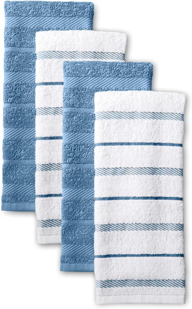 KitchenAid Albany Kitchen Towel 4-Pack Set, Blue Velvet/White, 16"x26"