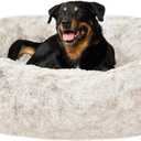 Furhaven 45" Round Calming Donut Dog Bed for Large Dogs, Refillable w/Removable Washable Cover, for Dogs Up to 90 lbs - Shaggy Plush Long Faux Fur Donut Bed - Driftwood Brown, Jumbo/XL