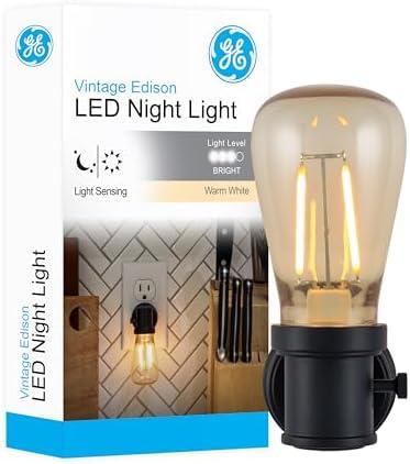 GE Vintage LED Edison Night Light, Plug-in, Dusk to Dawn Sensor, Farmhouse Decor, Mood Lighting, Home Decor, Ambient Lighting, LED Lights for Bedroom, Bathroom, Kitchen, Hallway, Black, 1 Pack, 64346
