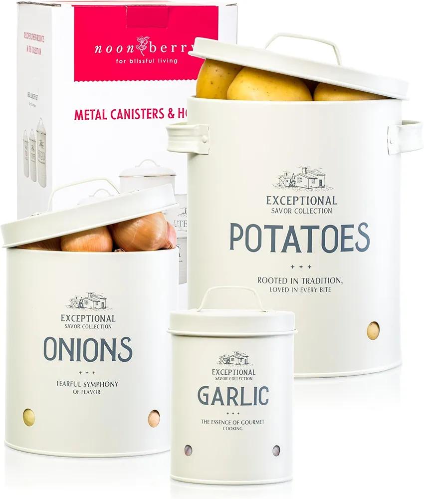 Potato, Onion & Garlic Storage Bin Set, 3 Metal Kitchen Containers with Ventilation Holes, Matte Alabaster White, Vintage Farmhouse Canisters