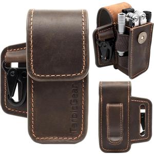 Leather Multitool Sheath for Belt, Multitool Holster with Belt Clip for Men, Pocket Organizer for Work, Fits for Leatherman, SOG, Gerber Tools (Medium, Brown)