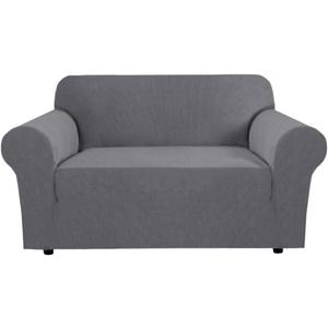 H.VERSAILTEX Stretch Couch Cover Loveseat Covers for 2 Cushion Couch Slipcover|Sofa Cover for Love seat 1 Piece with Elastic Bottom, Checked Jacquard Fabric(Loveseat 58'-70' Wide, Grey) (Neutral Gray)