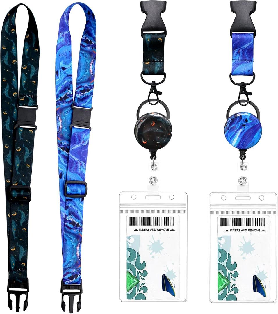 Multifunctional Cruise Breakaway Lanyard Set for Ship Cards,Adjustable Length with Safety Buckle,Retractable Badge Reel (2 Sets Black Moon Whale & Blue Ocean)