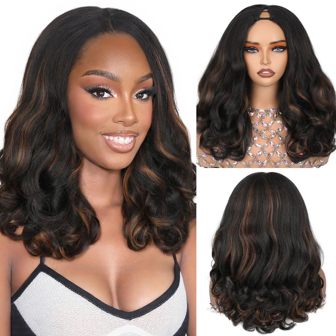 HANNE Yaki Curly V Part Wig U Part Synthetic Half Wigs for Black Women 18 Inch Heat-Resistant Hair Replacement Wig（Mixed Brown）