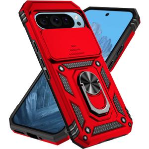 SunStory Compatible with Google Pixel 10 / Pixel 10 Pro Case with HD Screen Protector & Slide Camera Cover & Rotated Ring Kickstand, [Military-Grade] Phone Case for Pixel 10/10 Pro, Red