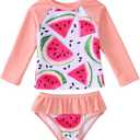 MODNTOGA Baby Girl Swimwear 2Pcs Long Sleeve Flower Swim Bathing Suit Set Toddler Kid Watermelon Graphic Swimsuit Beach Wear (6-12 Months, Light Pink Watermelon)