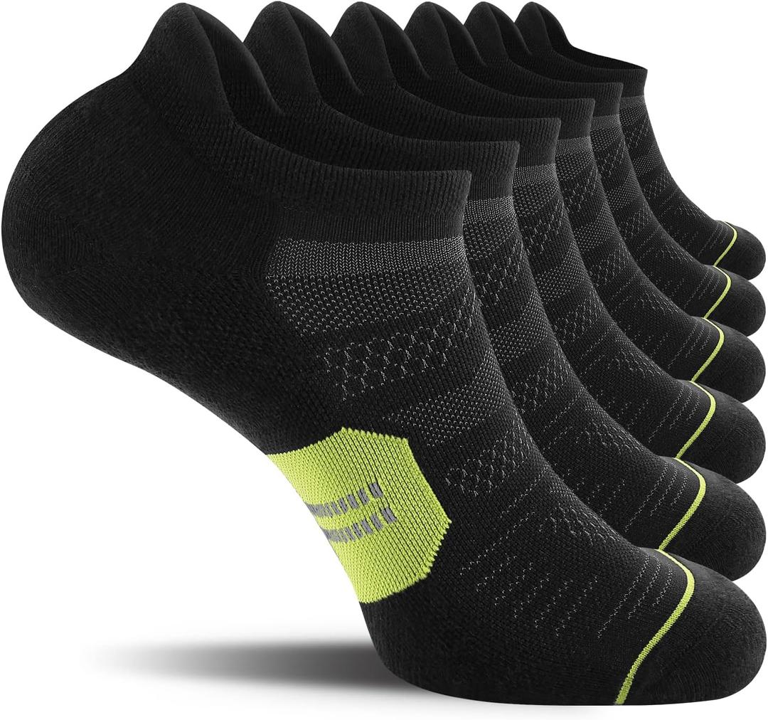 CS CELERSPORT Running Ankle Socks with Cushion, Low Cut Athletic Tab Socks for Men and Women 6 Pack, Black + Green, Large