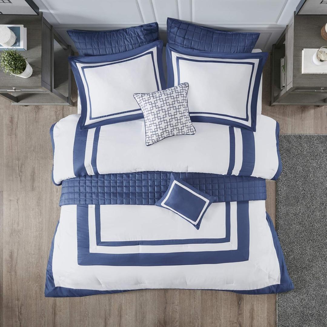 Madison Park Heritage Comforter Quilt Combo Set - Modern Luxury Design, All Season Down Alternative Bedding, Matching Shams, Decorative Pillows, King/Cal King(104"x92"), Color Block Navy 8 Piece
