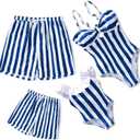 IFFEI Family Matching Swimsuits One Piece Bathing Suits Hollow Out Monokini Mommy and Me Swimwear Beachwear (Small, Blue-striped)
