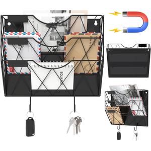 Magnetic File Holder for Refrigerator & Cabinets | No-Drill Wall Mount Organizer | 3-Tier Vertical Mail & Magazine Holder for Office/Home (Black, Space-Saving Design)