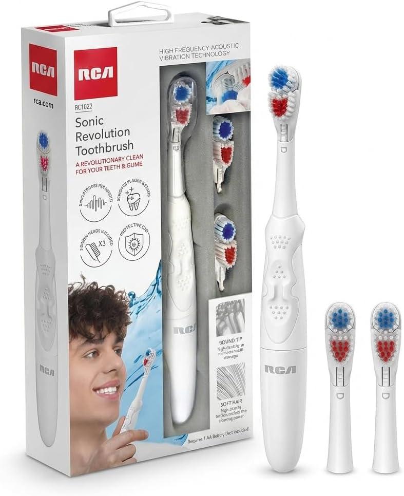 RCA Sonic Revolution Electric Toothbrush for Adults  Battery Powered Sonic Toothbrush with High-Frequency Vibration, Spin Brush Action, Soft Bristles & Extra Brush Heads