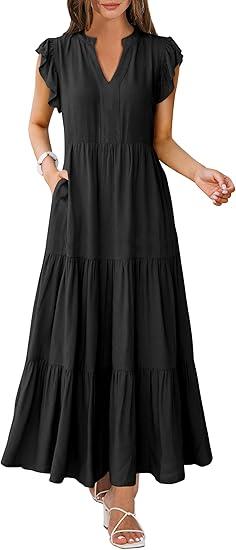 ANRABESS Womens Summer Casual Maxi Dress V Neck Ruffle Sleeve Long Dresses Fashion Flowy Tiered Boho Beach Vacation Sundress XL