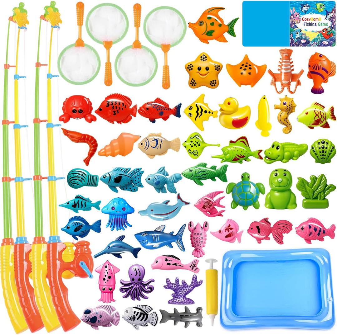 CozyBomB Magnetic Fishing Toys Game Set for Kids | Water Table Bathtub Kiddie Pool Party Pole Rod Net, Outdoor Plastic Floating Fish, Toddler Bath Color Ocean Sea Animals Birthday Gift Age 3-5 6 4-8