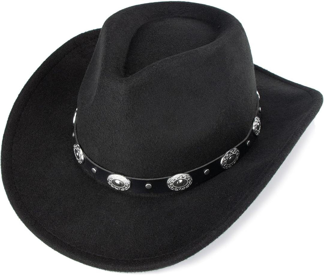 Kids Cowboy Hat for Boys Girls Western Felt Fedora Hat  (4-8 Years, Black-round Metal Buckle Belt)