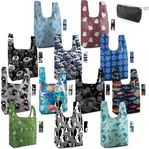 BeeGreen Heavy Duty Reusable Grocery Bags Shopping Bags for Groceries - 12 Pack Foldable Tote Bag Large Travel Cloth Bags with Handles - Reusable Gifts Holiday Bags Gift Bag for Women Animal Lover (Animal-black,white,green,brown,grey)