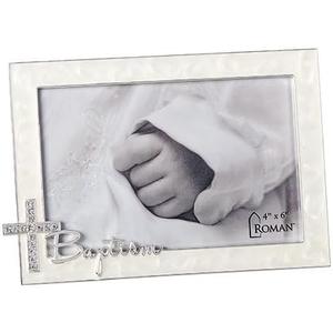 Baptism Script With Jewel Tone Cross Swirled Ivory 7.25 x 5 Zinc Photo Frame