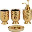 4-Piece Bathroom Accessory Set, Ceramic Bathroom Soap Dispenser Sets, Complete Gold Bath Decor Include Soap Dispenser, Toothbrush Holder, Tumblers,Soap Dish