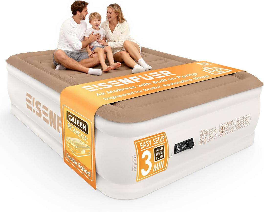 EISENFUER Air Mattress Queen with Built-in Pump, 18"Raised Blow Up Mattress | 35% Thicker PVC Air Bed, Reinforced I-Beam Construction, 3-Min Inflate, Better Air Retention, 3-Yr Support, Sleepover, Guest, Camel Beige, Queen (U.S. Standard)