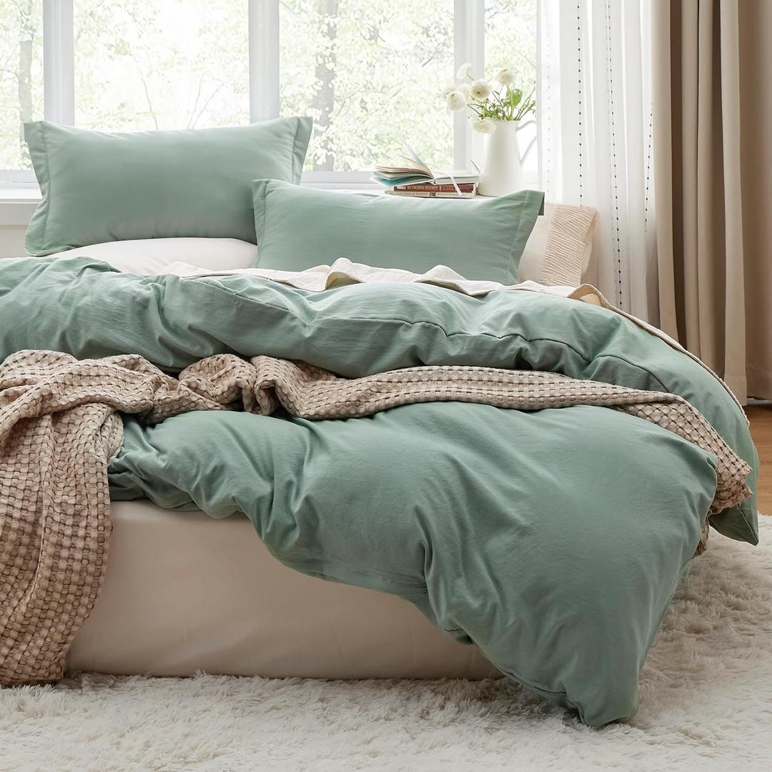 Bedsure Sage Green Duvet Cover Full Size - 3 Pieces Prewashed Extra Soft Cotton-Like Polyester Bedding Set, Includes 1 Duvet Cover 80x90 Inches with Zipper Closure & 2 Pillow Shams, No Comforter