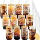12 Set Employee Appreciation Gifts Appreciation Cups for Team Thank You Gifts Glass Cups for Staff Coworker 16 oz Can Shaped Beer Glass with Lids Straws Brushes(Stylish Style)
