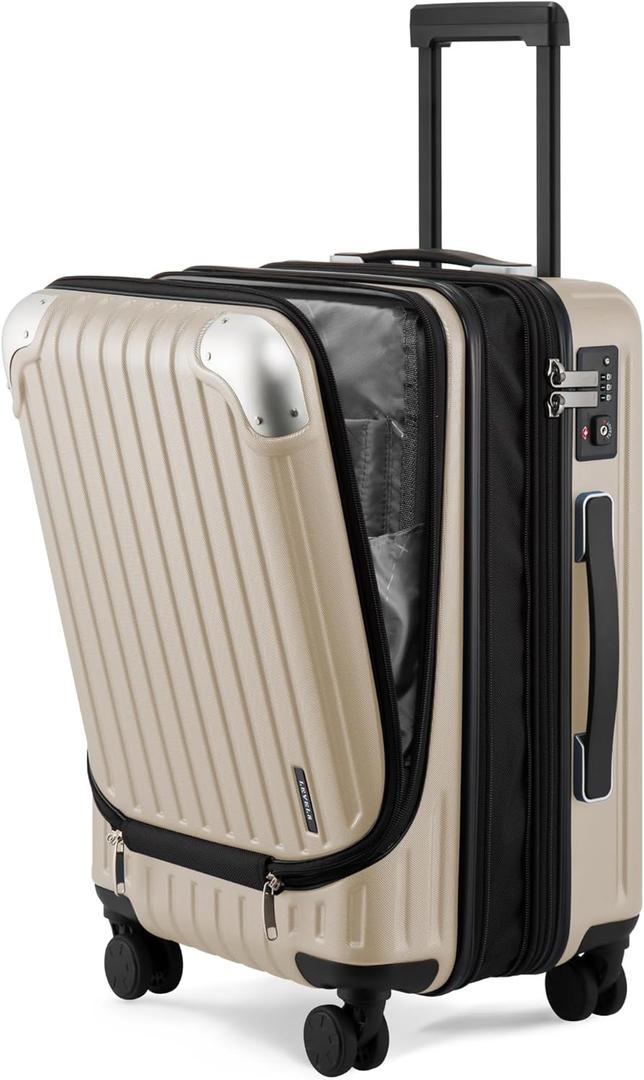 LEVEL8 Grace Carry on Luggage with Front Compartment, 20 Inch Expandable Hardside Suitcases with Wheels, Abs+Pc Harshell Spinner Luggages with Tsa Lock, Travel Bag for Women Men, Champagne, 20 Inch - Ext