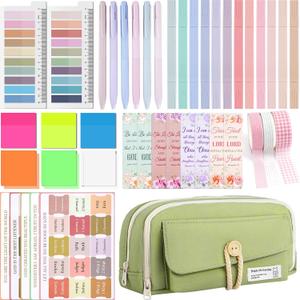 Bible Study Supplies for Women - Book Annotation Kit Green Pencil Case Gel Pen Bible Tabs Washi Tape No Bleed Highlighter Bookmarks Study Group Essentials for Students