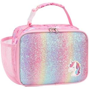 BrainyBees Kids Lunch Bag for Girls - Insulated Kids Lunch Box with Water Bottle Holder Toddler Lunchbox for Daycare and School, Easy to Clean, Glitter Pink Unicorn