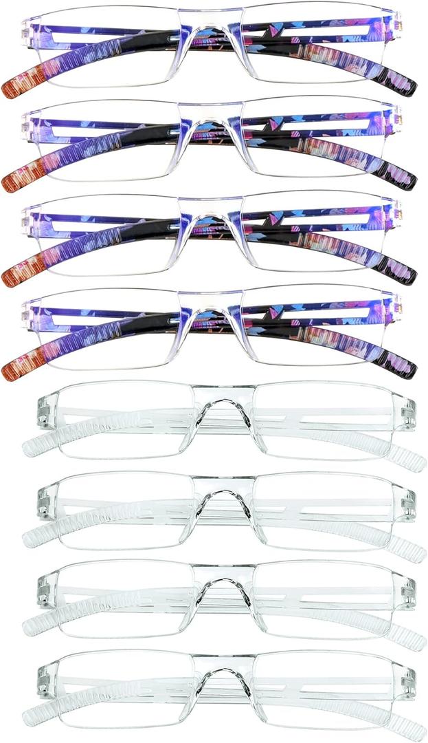 VisionGlobal 8 Pairs Reading Glasses, Blue Light Blocking Glasses, Computer Reading Glasses for Women and Men, Fashion Square Eyewear Frame (4bluefloral+4clear,+2.25 Magnification)