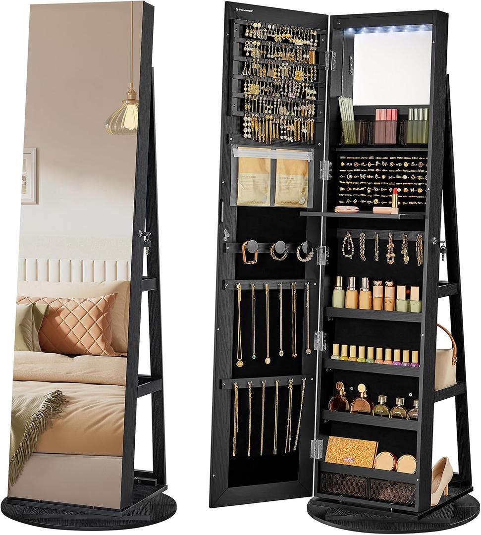 SONGMICS 6 LEDs Mirror Jewelry Cabinet Organizer, 360° Swivel, Lockable
Frameless Full-Length Mirror with Storage, Jewelry Armoire, 3 Storage Shelves, Black Surface, Black Lining UJJC007B01