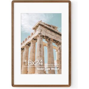 16x24 Poster Frame | Solid Oak Wood 16 x 24 Picture Frame | 24x16 Poster Frame With Mat For 12x18 | Tempered Glass And Hanging Hardware Included | 16 By 24 Picture Frame Wood (Walnut, 1 Pack) (16''x24''-1P, Walnut)