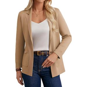 GRACE KARIN Women Sweater Blazers Business Casual Long Sleeve Work Cardigan Open Front Lapel Suit Jackets with Pockets (Large, Camel)