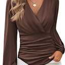 GRACE KARIN Long Sleeve Blouses for Women Dressy Casual, Wrap Tops Work Shirts, 2026 Summer Business Outfits (XX-Large, Coffee)