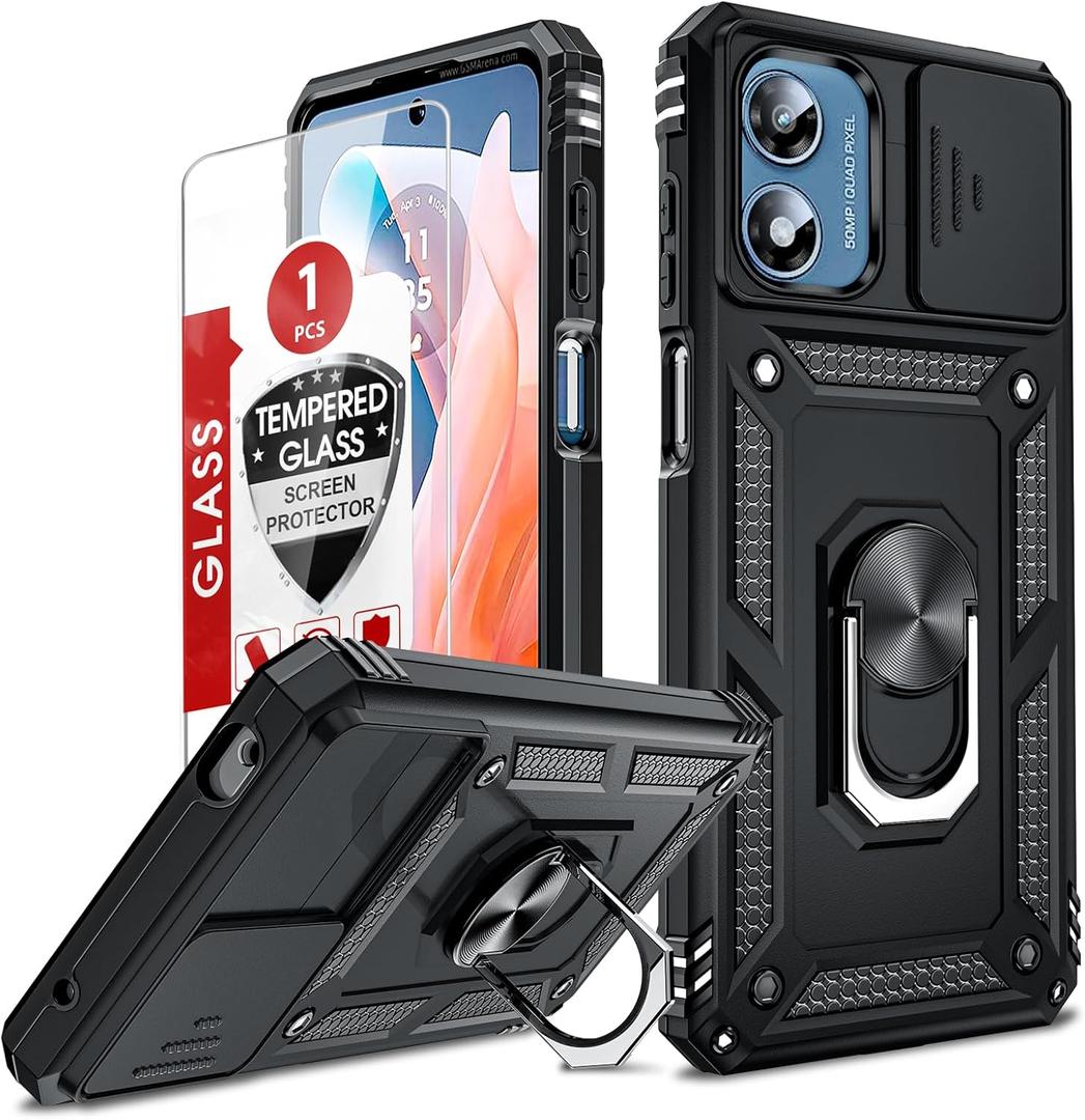 LeYi for Moto G Play 2024 Case, G Play 2024 Case with Slide Camera Cover and Screen Protector, [Military-Grade] Android Cellphone Case Cover with Magnetic Ring Kickstand MotoG Play 2024, Black