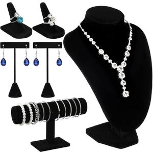6 Pcs Velvet Jewelry Display Set- Velvet Necklace Bust Holder Mannequin Bust & T-Bar 2 T Shape Earing Stand 2 Ring Finger Jewelry Holder Bracelet Organizer