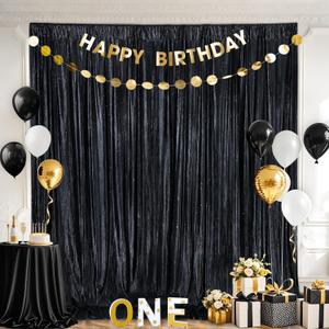 Black Backdrop Curtain 4.8x8FT Halloween Backdrop Sparkly Sequin Party Background Drapes for Birthday Wedding Stage Shimmer Wall Backdrop