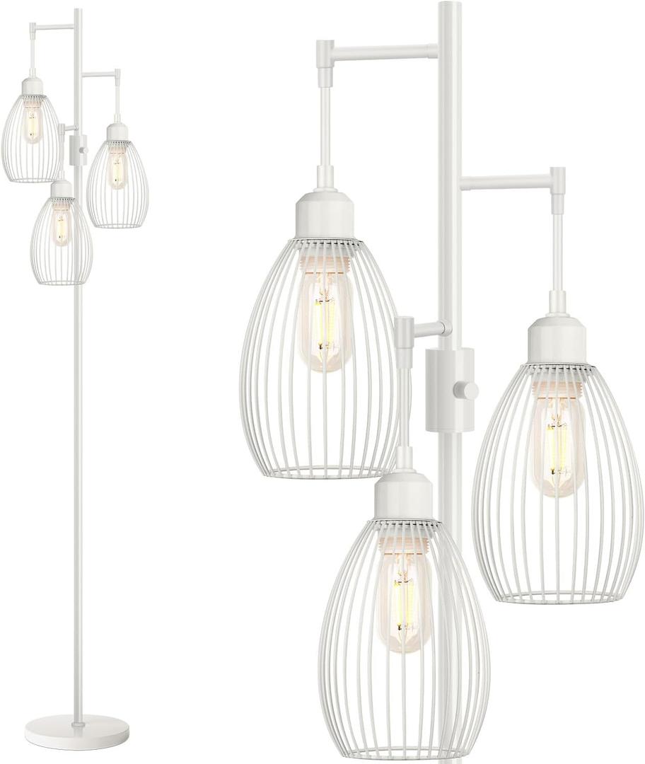 Dimmable Floor Lamp, 3 x 800LM LED Edison Bulbs Included, Farmhouse Industrial Floor Lamp Standing Lamp with Elegant Teardrop Cage Head Tall Lamp for Living Room Bedroom Office Dining Room - White (White-68 inches)