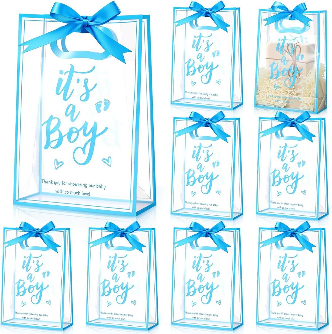 Sinload 25 Pcs Baby Shower Gifts Bags for Guests Clear Plastic Gift Bag with Die Cut Handles Reusable PP Flower Bag with Ribbon for Gender Reveal Party Guest Gift, 7x10x3.15 Inch(Boy), 1 count