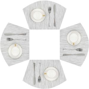 SHACOS Small Round Table Placemats Wedge Placemat Set of 4 Non Slip Heat Resistant Woven Vinyl Table Mats Wipe Clean Indoor Outdoor (4, Gray White)