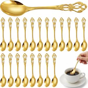 Dandat 20 Pcs 4.9" Gold Luxury Teaspoons Stainless Steel Gorgeous Tea Party Spoons Dessert Spoons for Stirring Coffee Sugar Drink Kitchen Cafe Bar Wedding Tableware, Vintage Style